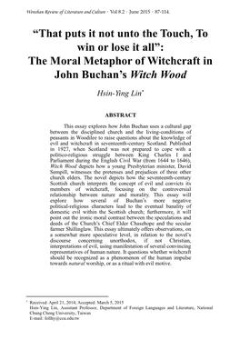 “That Puts It Not Unto the Touch, to Win Or Lose It All”: the Moral Metaphor of Witchcraft in John Buchan’S Witch Wood