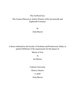 This Artificial Eye: the Camera Obscura in Artistic Practice of the Seventeenth and Eighteenth Centuries by Anna Baccin a Thesis