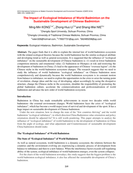 The Impact of Ecological Imbalance of World Badminton on the Sustainable Development of Chinese Badminton