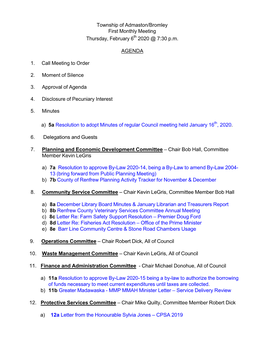 Township of Admaston/Bromley First Monthly Meeting Thursday, February 6Th 2020 @ 7:30 P.M