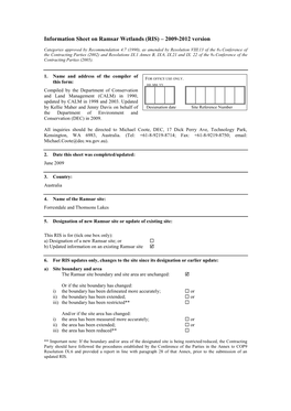 Information Sheet on Ramsar Wetlands (RIS) – 2009-2012 Version