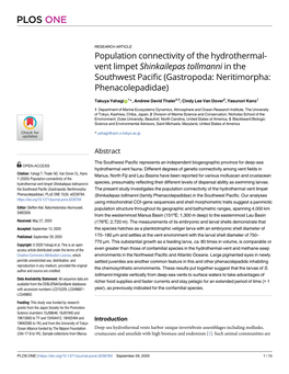 Population Connectivity of the Hydrothermal-Vent Limpet Shinkailepas Tollmanni in the Southwest Pacific (Gastropoda: Neritimorpha: Phenacolepadidae)