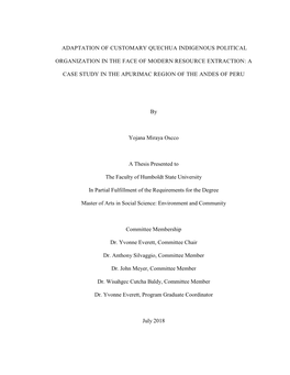 Adaptation of Customary Quechua Indigenous Political Organization in the Face of Modern Resource Extraction: a Case Study in the Apurimac Region of the Andes of Peru