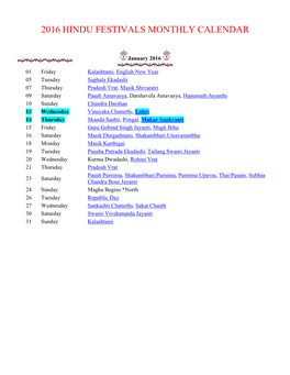 2016 Hindu Festivals Monthly Calendar