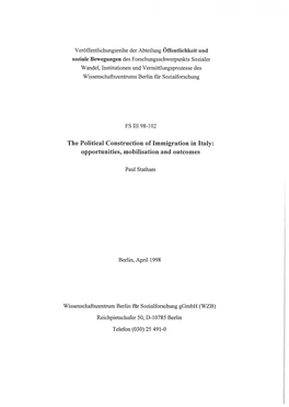 The Political Construction of Immigration in Italy: Opportunities, Mobilisation and Outcomes