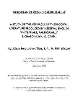 A Study of the Vernacular Theological Literature Produced by Medieval English Whitefriars, Particularly Richard Misyn, O