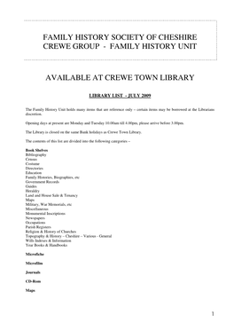 Family History Society of Cheshire Crewe Group - Family History Unit