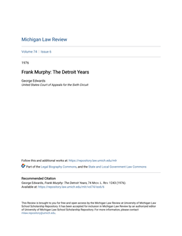 Frank Murphy: the Detroit Years