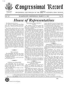 Congressional Record United States of America PROCEEDINGS and DEBATES of the 107Th CONGRESS, FIRST SESSION