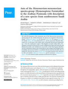 Ants of the Monomorium Monomorium Species-Group (Hymenoptera: Formicidae) in the Arabian Peninsula with Description of a New Species from Southwestern Saudi Arabia