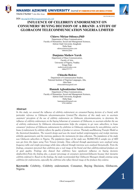 Influence of Celebrity Endorsement on Consumers’ Buying Decision of a Brand: a Study of Globacom Telecommunication Nigeria Limited