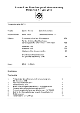 Protokoll Der Einwohnergemeindeversammlung Ueken Vom 14