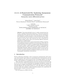 Anoa: a Framework for Analyzing Anonymous Communication Protocols? Anonymity Meets Diﬀerential Privacy