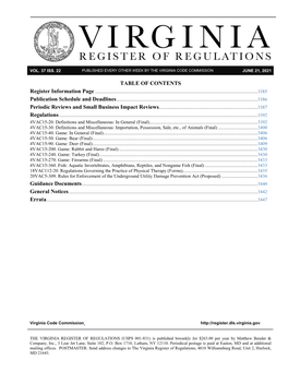 Volume 37, Issue 22 Virginia Register of Regulations June 21, 2021 3385 PUBLICATION SCHEDULE and DEADLINES