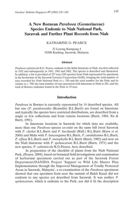 A New Bornean Paraboea (Gesneriaceae) Species Endemic to Niah National Park, Sarawak and Further Plant Records from Niah