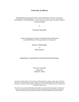 Sustainable Management of the Cereal Leaf Beetle, Oulema Melanopus (Coleoptera: Chrysomelidae), a New Invasive Insect Pest of Cereal Crops in Western Canada