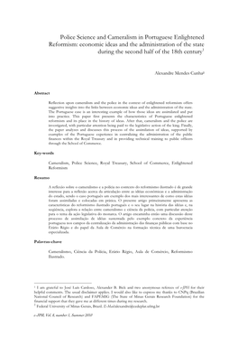 Police Science and Cameralism in Portuguese Enlightened Reformism: Economic Ideas and the Administration of the State During the Second Half of the 18Th Century1