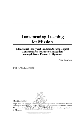 Transforming Teaching for Mission: Educational Theory and Practice: Anthropological Considerations for Mission Education Among D
