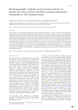 Broad Geographic Analyses Reveal Varying Patterns of Genetic Diversity and Host Speciﬁcity Among Echinostome Trematodes in New Zealand Snails