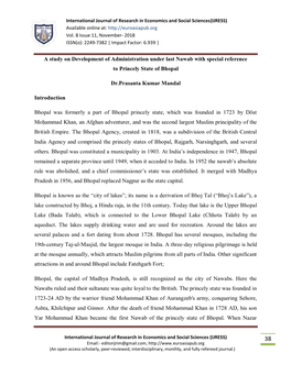 A Study on Development of Administration Under Last Nawab with Special Reference to Princely State of Bhopal Dr.Prasanta Kumar M