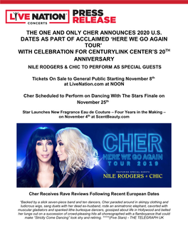 The One and Only Cher Announces 2020 U.S. Dates As Part of Acclaimed 'Here We Go Again Tour' with Celebration for Centuryli