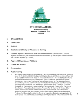 CITY COUNCIL AGENDA Municipal Building Monday, October 22, 2018 8:00 PM