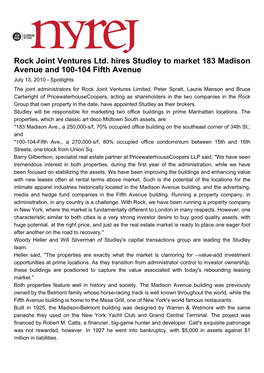 Rock Joint Ventures Ltd. Hires Studley to Market 183