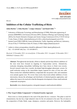 Inhibitors of the Cellular Trafficking of Ricin