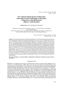 New Reduced-Winged Species of Mumetopia, with Analysis of the Relationships of This Genus, Chamaebosca and Allied Genera (Diptera: Anthomyzidae)