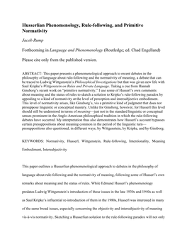 Husserlian Phenomenology, Rule-Following, and Primitive Normativity