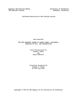 Regional Oral History Office University of California the Bancroft Library Berkeley, California