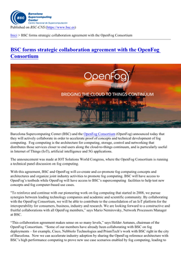 BSC Forms Strategic Collaboration Agreement with the Openfog Consortium