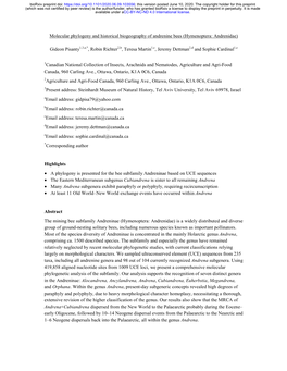 Molecular Phylogeny and Historical Biogeography of Andrenine Bees (Hymenoptera: Andrenidae)