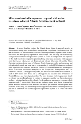 Mites Associated with Sugarcane Crop and with Native Trees from Adjacent Atlantic Forest Fragment in Brazil