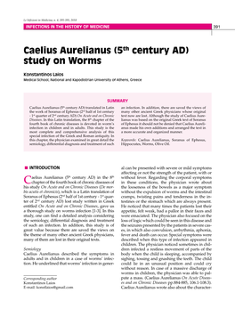 Caelius Aurelianus (5Th Century AD) Study on Worms