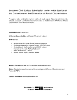 Lebanon Civil Society Submission to the 104Th Session of the Committee on the Elimination of Racial Discrimination