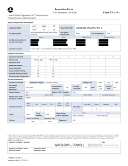 Inspection Form Form FTA-IR-1 20180301-WMATA-WP-1