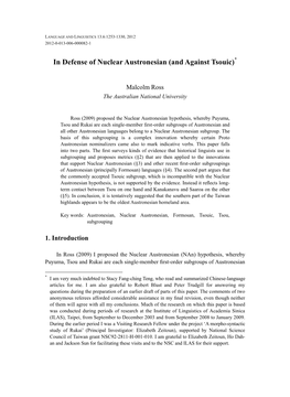 In Defense of Nuclear Austronesian (And Against Tsouic)*