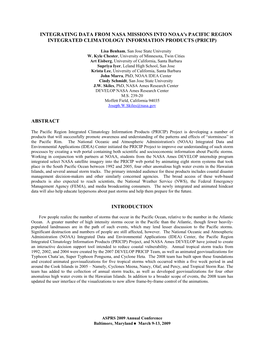 INTEGRATING DATA from NASA MISSIONS INTO NOAA's PACIFIC REGION INTEGRATED CLIMATOLOGY INFORMATION PRODUCTS (PRICIP)