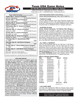 Game Notes Vs. Germany • Friday, May 5, 2017 • 2017 IIHF Men’S World Championship • Page Two