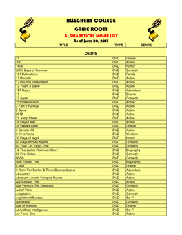 ALLEGHENY COLLEGE GAME ROOM ALPHABETICAL MOVIE LIST As of June 20, 2017 TITLE TYPE GENRE