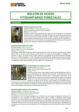 Boletín De Avisos Fitosanitarios Forestales. Mayo 2020