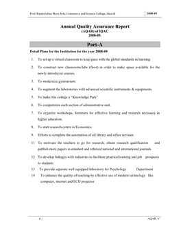 Part-A Detail Plans for the Institution for the Year 2008-09