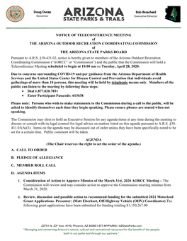 NOTICE of TELECONFERENCE MEETING of the ARIZONA OUTDOOR RECREATION COORDINATING COMMISSION of the ARIZONA STATE PARKS BOARD Pursuant to A.R.S