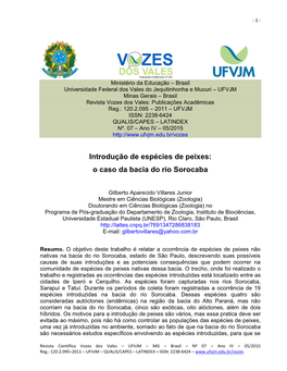 Introdução De Espécies De Peixes: O Caso Da Bacia Do Rio Sorocaba