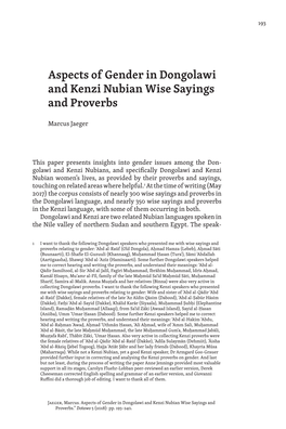 Aspects of Gender in Dongolawi and Kenzi Nubian Wise Sayings and Proverbs