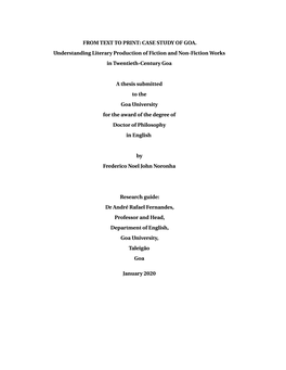 FROM TEXT to PRINT: CASE STUDY of GOA. Understanding Literary Production of Fiction and Non-Fiction Works in Twentieth-Century Goa