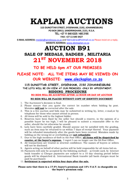 Kaplan Auctions 115 Dunottar Street, Sydenham, 2192, Johannesburg Po Box 28913, Sandringham, 2131, R.S.A