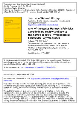 Ants of the Genus Myrmecia Fabricius: a Preliminary Review and Key to the Named Species (Hymenoptera: Formicidae: Myrmeciinae) K