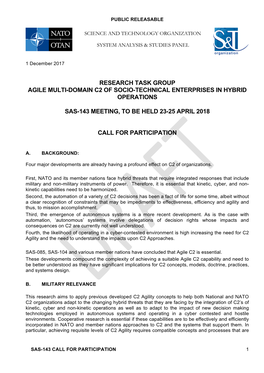 Research Task Group Agile Multi-Domain C2 of Socio-Technical Enterprises in Hybrid Operations Sas-143 Meeting, to Be Held 23-25